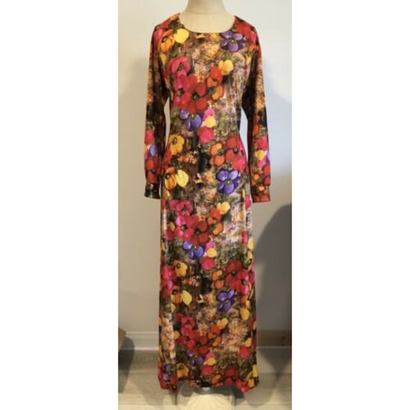 Vintage Dresses & Skirts - Vintage Handmade 1970s Bohemian Floral Print Long Sleeve Maxi Dress Hippie L